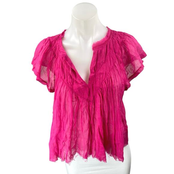 Free People Padma Pink Raw Hem Short Flutter Sleeve V-Neck Sheer Blouse Top Sz S - Picture 2 of 5